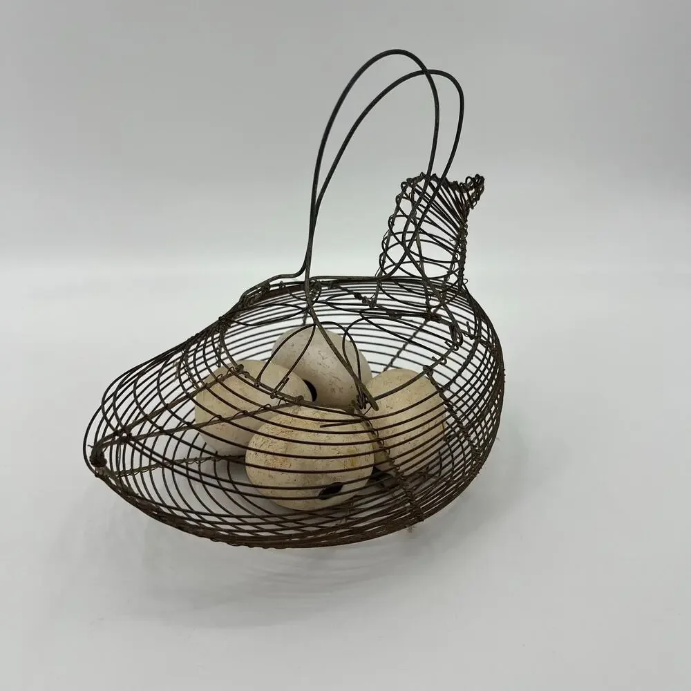 Vintage Wire Egg Basket with 4 Decorative Ceramic Eggs Chicken Shaped